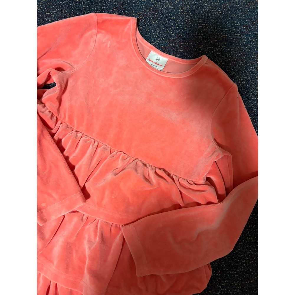 Hanna Andersson Girls Coral Pink Velour Tiered Ruffle Long Sleeve Dress Size 140